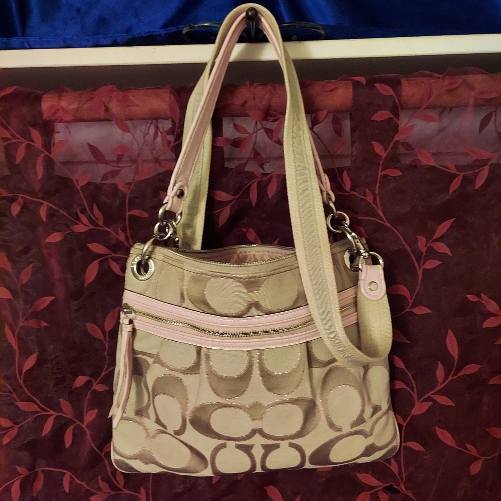 Coach Beige and Light Pink Signature Canvas Crossbody Tote